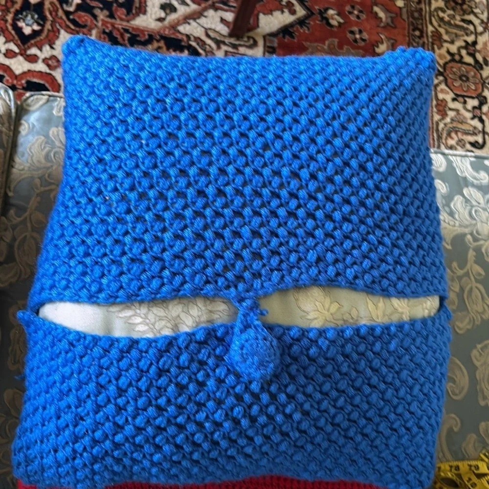 Hand Crafted Bright Blue Knit Throw Pillow Cover 18 x 18 Hand Crochet Heirloom